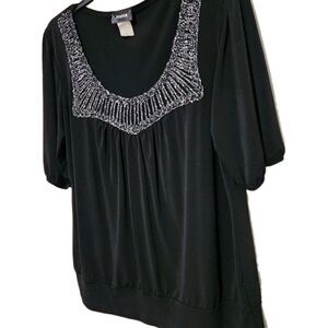 Judith Black Womens Top Size 2X Metallic Details Front Ruffle Stretch